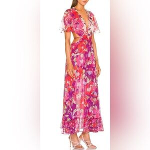 MISA Los Angeles-Calista pink+ purple maxi Boho chiffon feminine floral dress.L